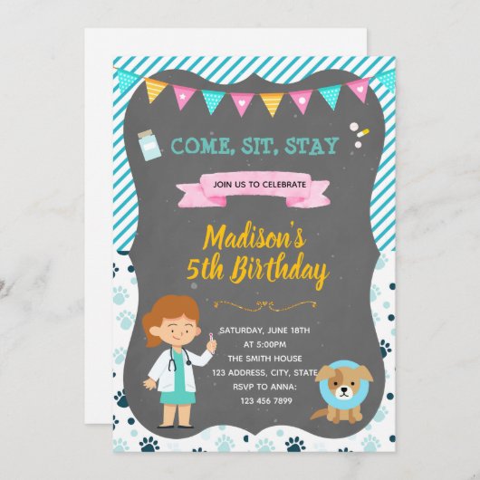 Uitnodiging voor een veterinair verjaardagsfeestje (Voorkant / Achterkant)
