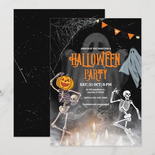 Uitnodiging voor een vintage Halloweenfeest, Hallo (Voorkant / Achterkant)