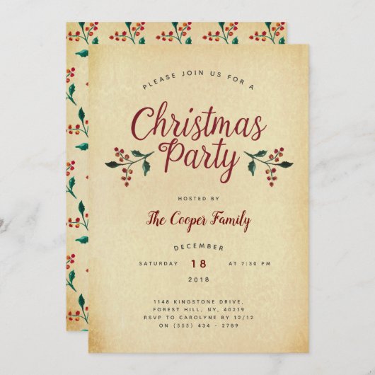 Uitnodiging voor een vintage Kerstfeest met hulst (Voorkant / Achterkant)