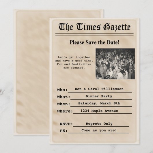 Uitnodiging voor een Vintage Krantenfeestje (Voorkant / Achterkant)