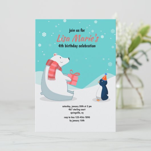 Uitnodiging voor een Winter Birthday Party (Staand voorkant)