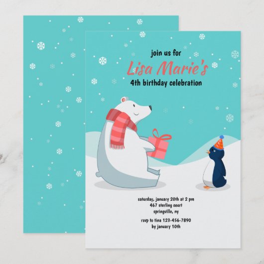 Uitnodiging voor een Winter Birthday Party (Voorkant / Achterkant)