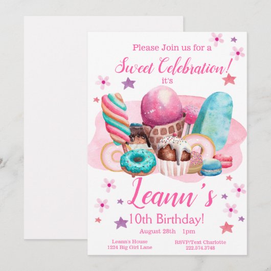 Uitnodiging voor een zoete partij, Editable Birthd (Voorkant / Achterkant)