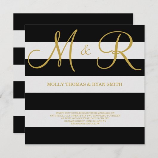 Uitnodiging voor een zwart en gouden monogram (Voorkant / Achterkant)