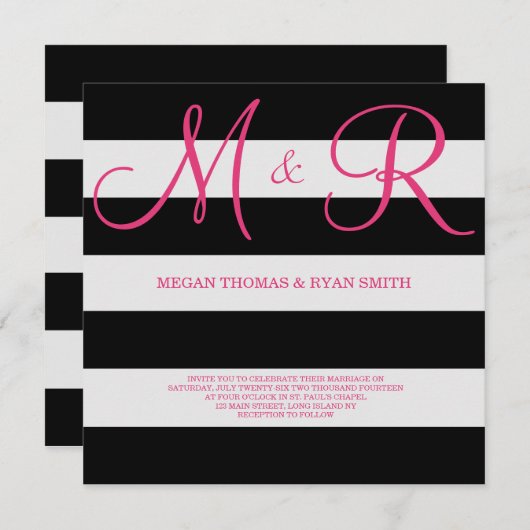 Uitnodiging voor een zwart en roze Monogram huweli (Voorkant / Achterkant)