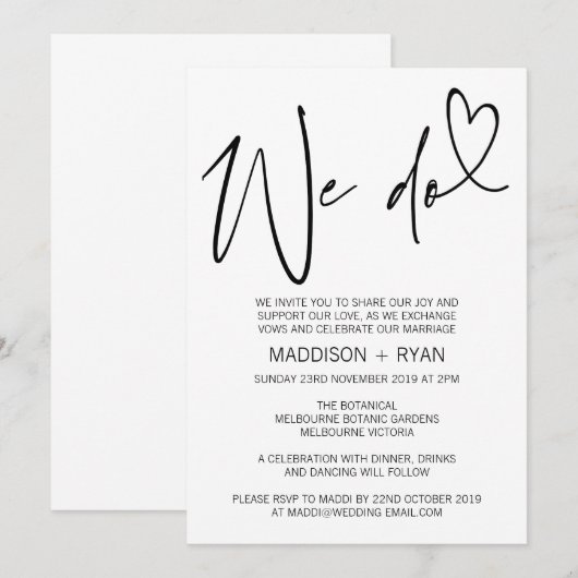 Uitnodiging voor een zwart en wit modern huwelijk (Voorkant / Achterkant)