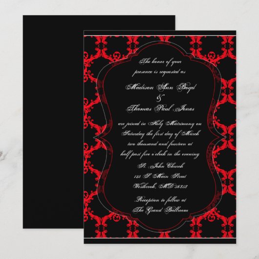 Uitnodiging voor een zwart, rood en wit huwelijk (Voorkant / Achterkant)