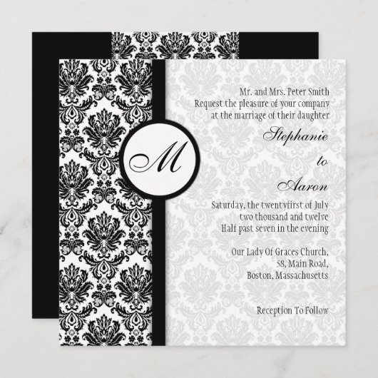 Uitnodiging voor een zwart-wit Damask Monogram Wed (Voorkant / Achterkant)