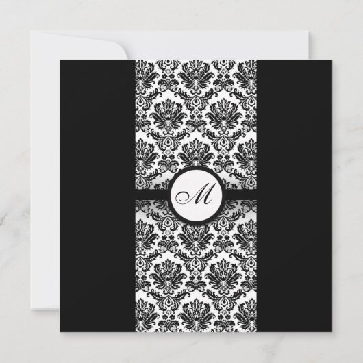 Uitnodiging voor een zwart-wit Damask Monogram Wed (Achterkant)