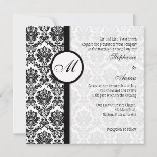 Uitnodiging voor een zwart-wit Damask Monogram Wed