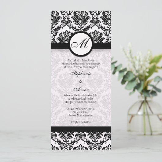 Uitnodiging voor een zwart-wit Damask Monogram Wed (Staand voorkant)