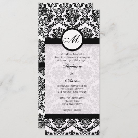 Uitnodiging voor een zwart-wit Damask Monogram Wed (Voorkant / Achterkant)