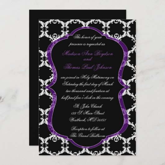 Uitnodiging voor een zwart, wit en Paars huwelijk (Voorkant / Achterkant)