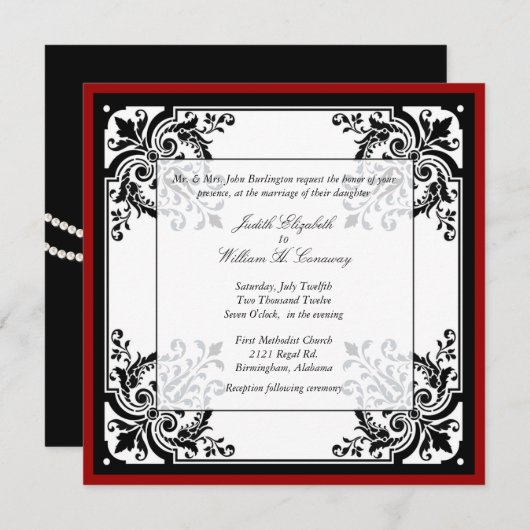 Uitnodiging voor een zwart, wit en rood-barokke br (Voorkant / Achterkant)