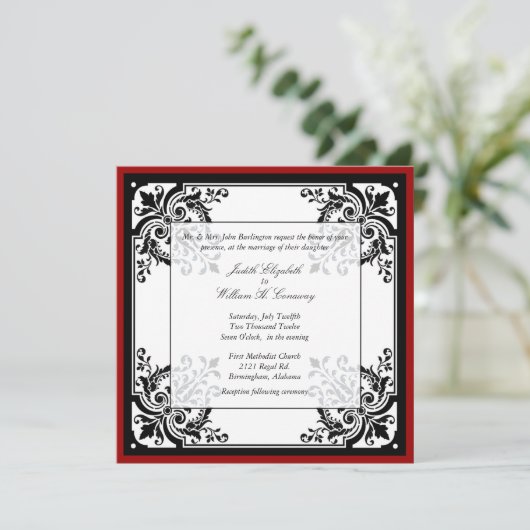 Uitnodiging voor een zwart, wit en rood-barokke br (Staand voorkant)