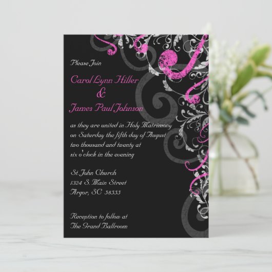 Uitnodiging voor een zwart, wit en roze huwelijk (Staand voorkant)