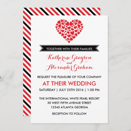 Uitnodiging voor een zwart-wit huwelijk met rood h (Voorkant / Achterkant)