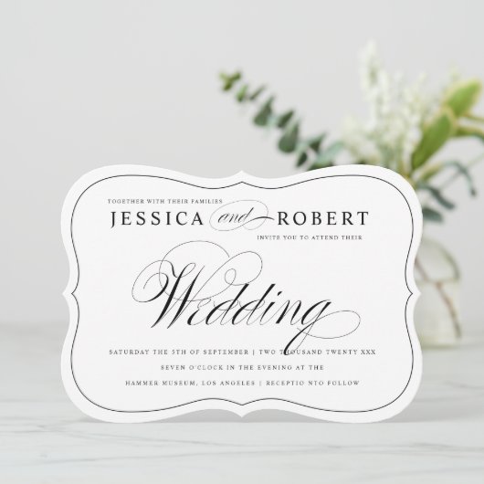 Uitnodiging voor een zwart-wit legant script bruil (Staand voorkant)