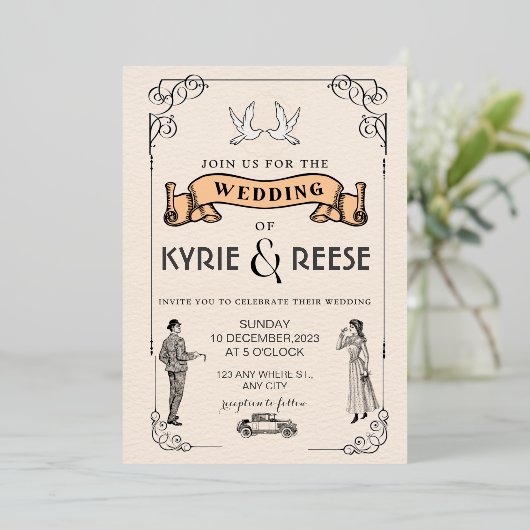 Uitnodiging voor een zwart-wit  Retro Weddenschap (Staand Voorkant)