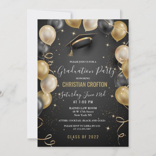 Uitnodiging voor een zwarte en goudballonvaarding (Voorkant)