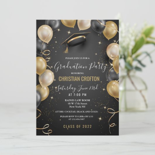 Uitnodiging voor een zwarte en goudballonvaarding (Staand voorkant)