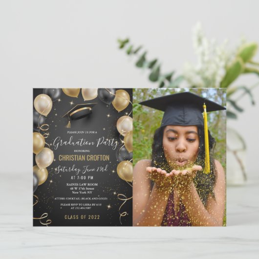 Uitnodiging voor een zwarte en goudballonvaarding (Staand voorkant)