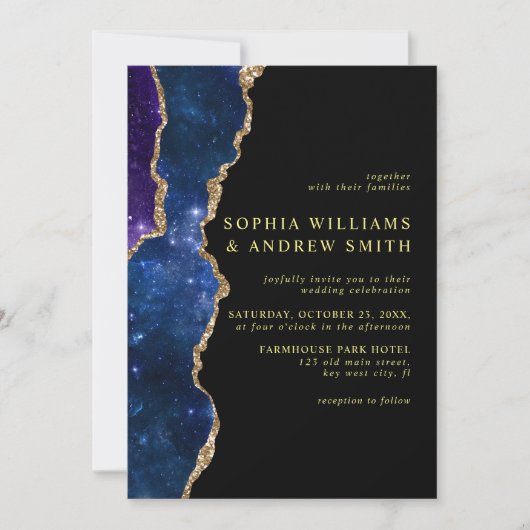 Uitnodiging voor een zwarte en sterren blauwe goud (Voorkant)