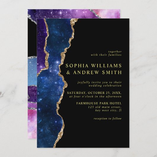 Uitnodiging voor een zwarte en sterren blauwe goud (Voorkant / Achterkant)