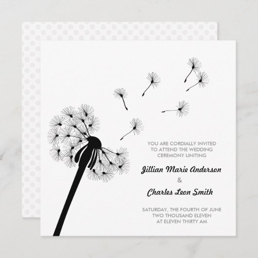 Uitnodiging voor een zwarte en witte dandelion bru (Voorkant / Achterkant)