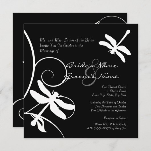 Uitnodiging voor een zwarte en witte dragonfly bru (Voorkant / Achterkant)