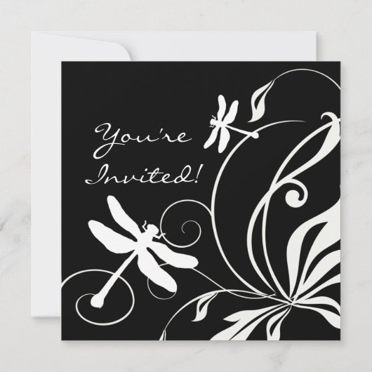 Uitnodiging voor een zwarte en witte dragonfly bru (Achterkant)