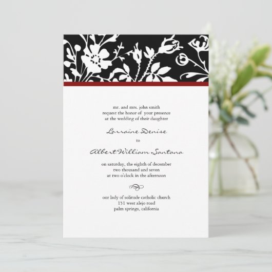 Uitnodiging voor een zwarte en witte Floral over d (Staand voorkant)