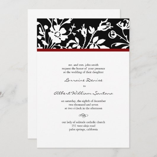 Uitnodiging voor een zwarte en witte Floral over d (Voorkant / Achterkant)
