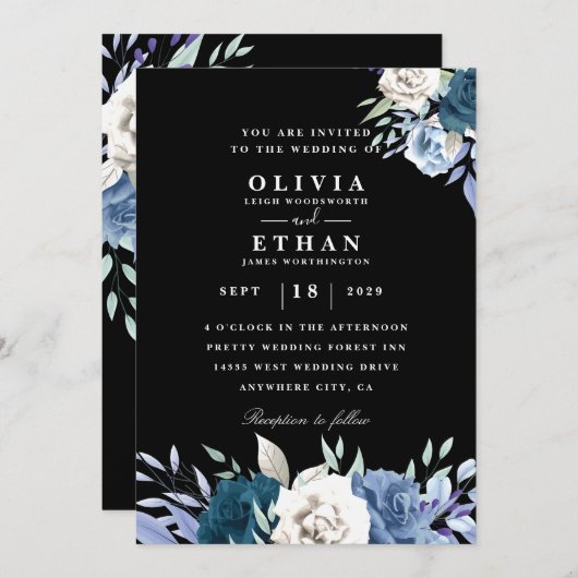 uitnodiging voor een zwarte witte en blauwe bruine (Voorkant / Achterkant)