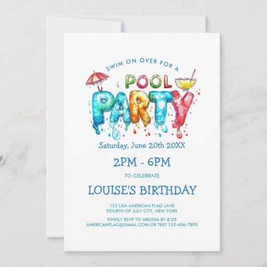 Uitnodiging voor een zwembadfeest in levendige gra (Voorkant)