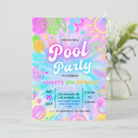 Uitnodiging voor een zwembadfeest, Zomer Glow neon (Staand voorkant)