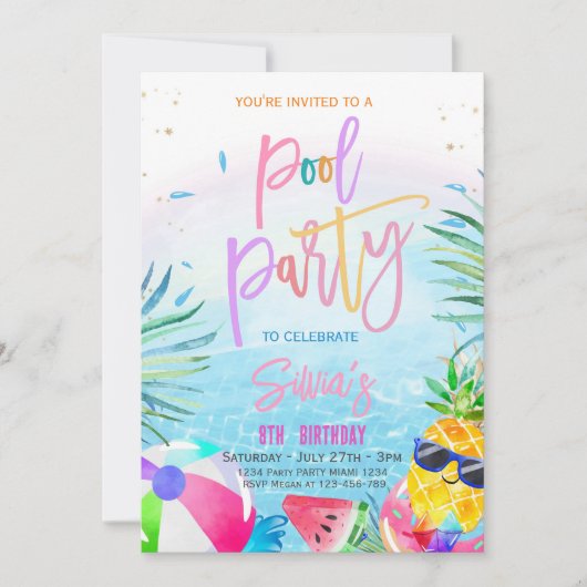 Uitnodiging voor een zwembadfeestje Tropisch feest (Voorkant)