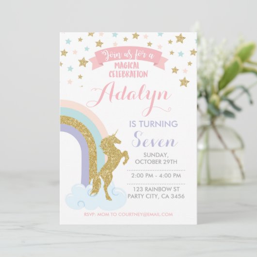 Uitnodiging voor eenhoorn, magisch verjaardagsfees (Staand voorkant)