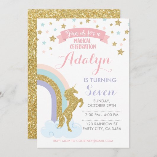 Uitnodiging voor eenhoorn, magisch verjaardagsfees (Voorkant / Achterkant)
