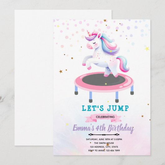 Uitnodiging voor eenhoorn-sprong verjaardagsfeestj (Voorkant / Achterkant)