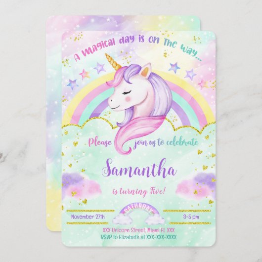 Uitnodiging voor eenhoorn verjaardag (Voorkant / Achterkant)