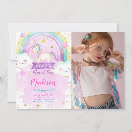 Uitnodiging voor eenhoorn verjaardagsfeestje foto (Voorkant)