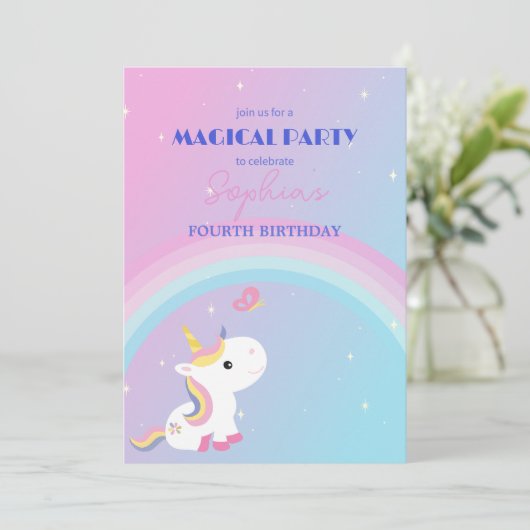 Uitnodiging voor eenhoornfeest met glans & wolken (Staand voorkant)
