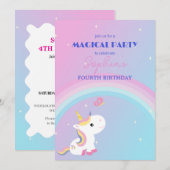 Uitnodiging voor eenhoornfeest met glans & wolken (Voorkant / Achterkant)