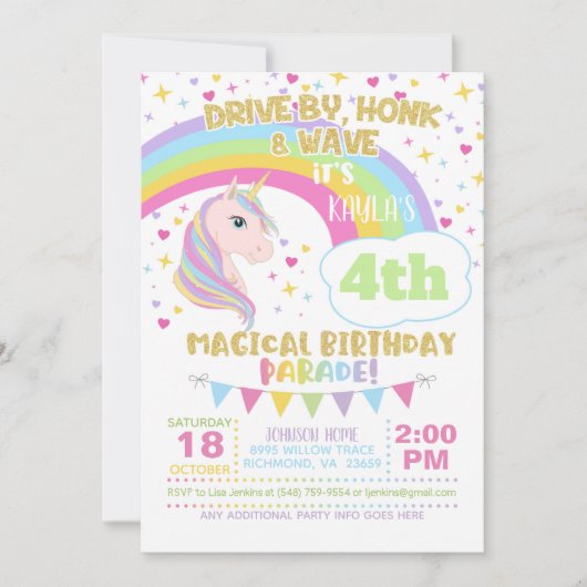 Uitnodiging voor eenhoornverjaardagsparade (Voorkant)