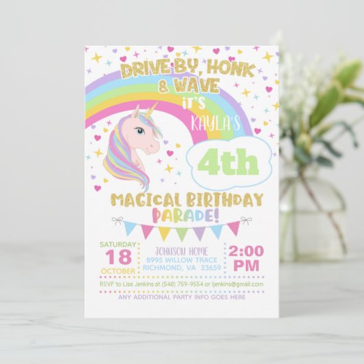 Uitnodiging voor eenhoornverjaardagsparade (Staand voorkant)