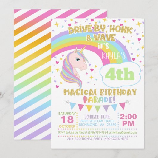 Uitnodiging voor eenhoornverjaardagsparade (Voorkant / Achterkant)