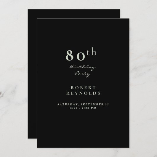 Uitnodiging voor eenvoudige zwarte 80ste verjaarda (Voorkant / Achterkant)