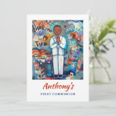 Uitnodiging voor Eerste Communie voor Zwarte Jonge (Staand voorkant)