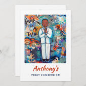 Uitnodiging voor Eerste Communie voor Zwarte Jonge (Voorkant / Achterkant)